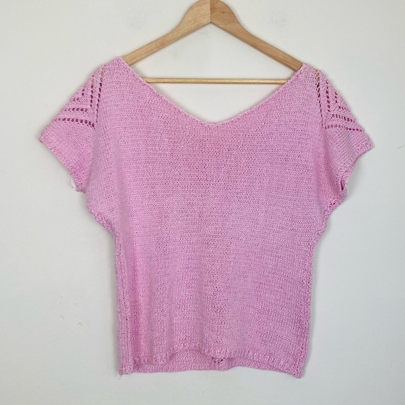 Vintage petal pink short sleeve sweater top with diamond open weave in front.  M - Picture 3 of 3